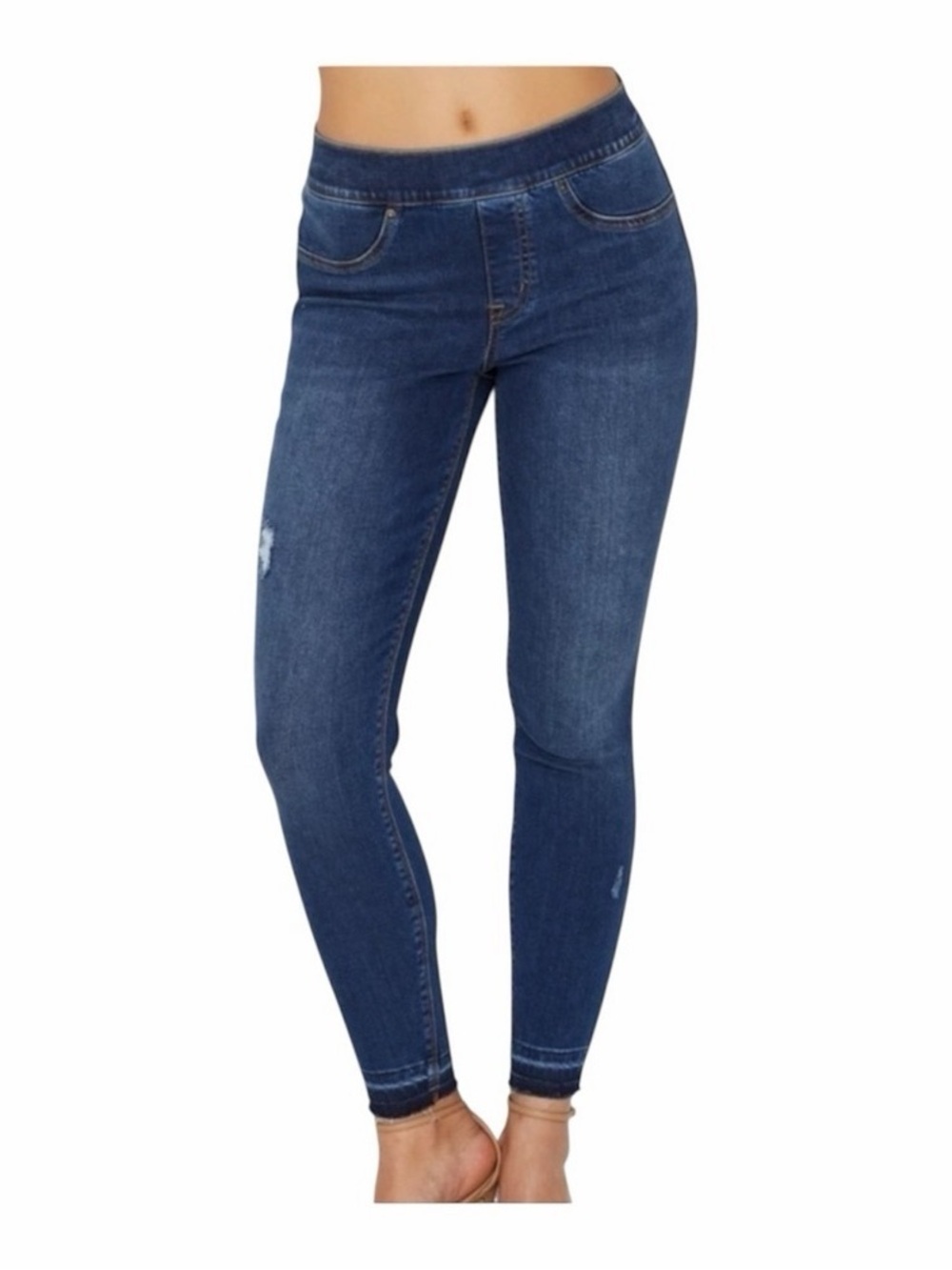Spanx Women's Medium Wash Distressed Blue Skinny Jeans Raw Hem Size SP - Picture 1 of 9